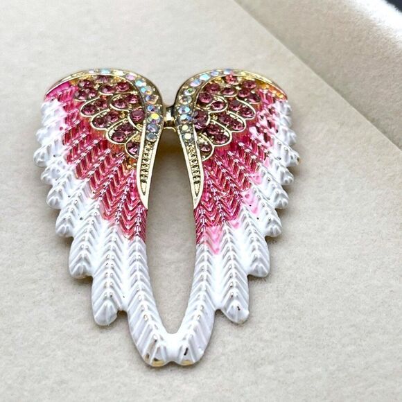Yellow Gold with Pink Sapphire and AB Crystal Enamel Angel Wing Pin Back Brooch - Picture 4 of 9